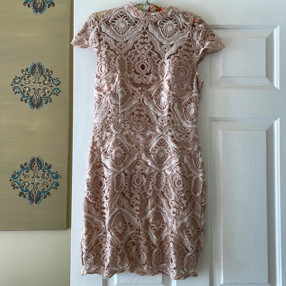 Lace and sequin pink lined mini dress